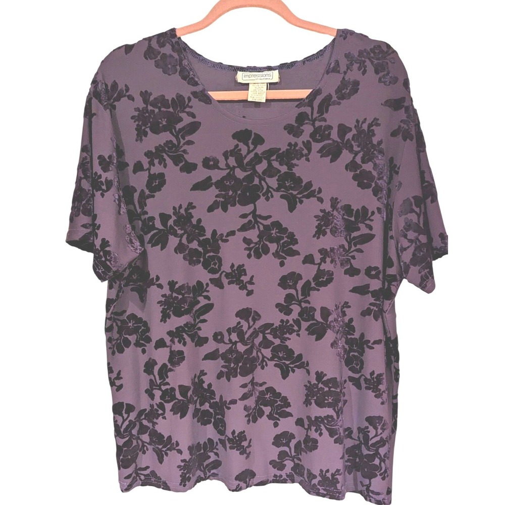 Impressions of California Top‎ XL Purple Velvet Floral Burnout Vintage 90s